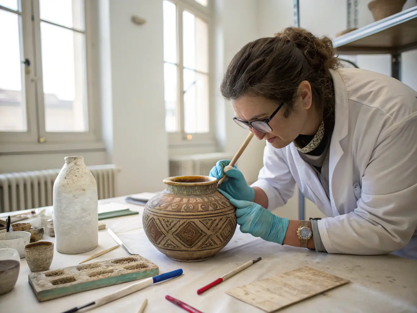 A photograph of a conservator carefully restoring an old photograph in a lab setting, showcasing the meticulous work involved in preserving photographic heritage.