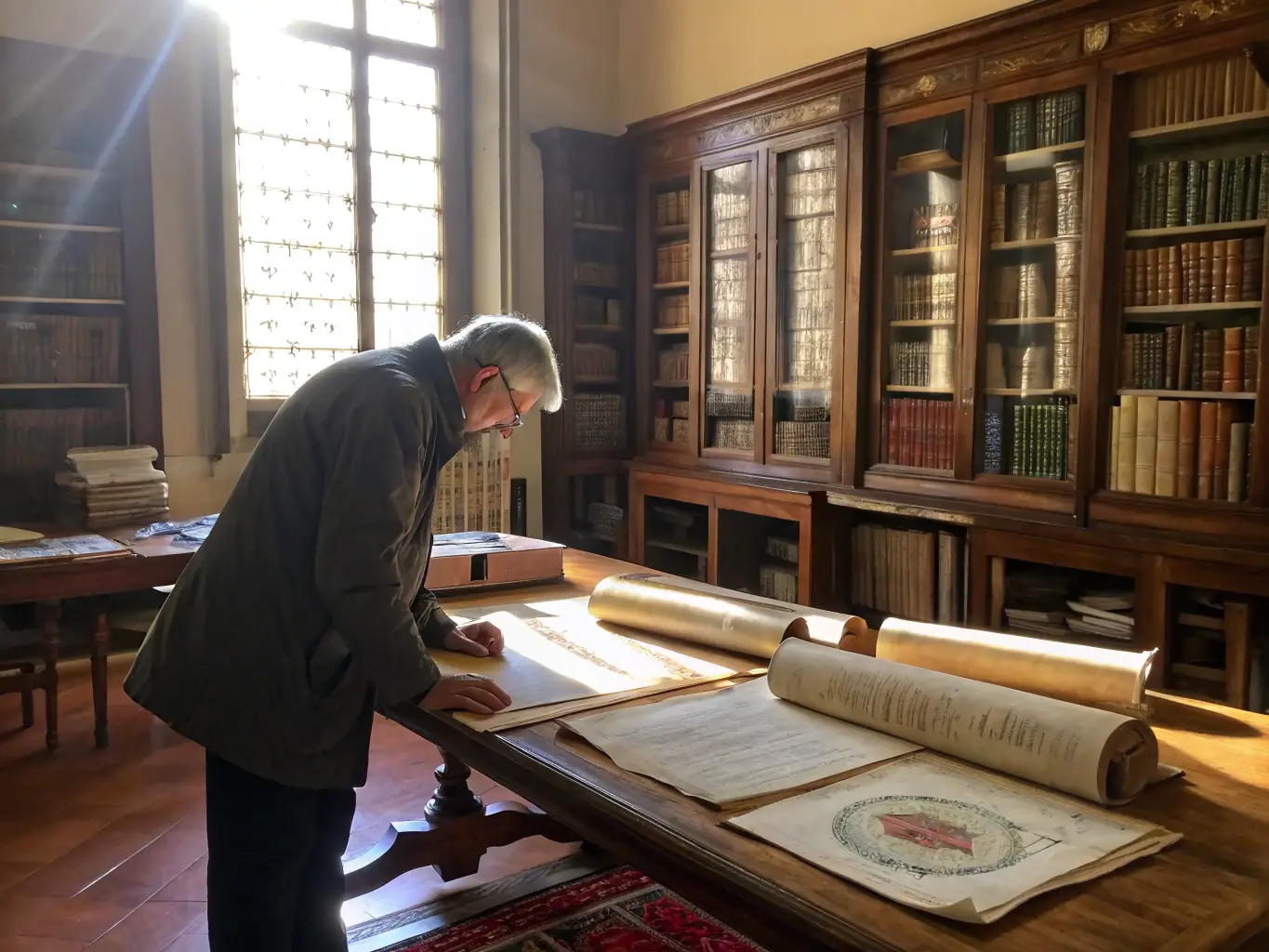 A researcher examining historical photographs and documents in an archive, highlighting the importance of research in understanding photographic heritage.