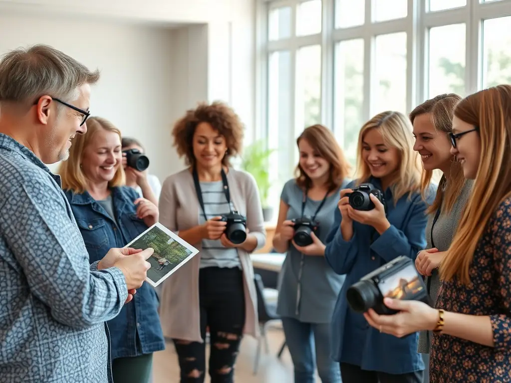 A group of students participating in a photography workshop, learning about the history and techniques of photography from an expert.